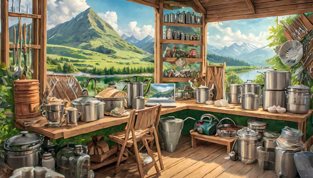 Comic Bild von einem Campervanservice Shop vor einem Bergpanorama